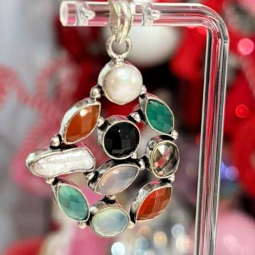 Vintage Multi Gemstone Unique Sterling Silver Plated Pendant for Necklace